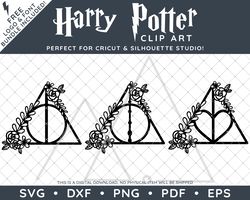 harry potter clip art design svg dxf png pdf - three floral deathly hallows decal designs & free font!