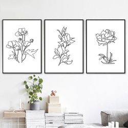 floral art set of 3 prints botanical line print line drawing flower line art printable art minimal wall art home decor