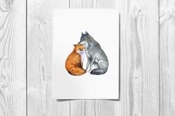 watercolor postcard with love. postcard with the wolf and fox. beautiful card. 10x15. a gift to a loved one.