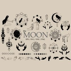 priestess, witch, svg, halloween, mystical moon, moon phases svg, silhouette of a girl, cutout silhouette svg file