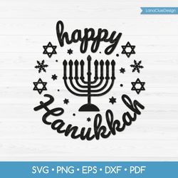 happy hanukkah round sign svg cut file, hanukkah design with menorah svg dxf png eps pdf