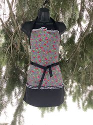 black white plaid full apron with cherry print, apron with pocket for women christmas dinner apron