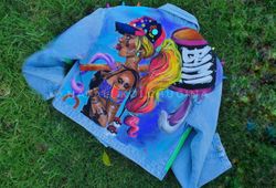 custom jacket. handmade. hand painted jacket. rainbow hair.  rainbow pattern. crypto art. acrylic painting on jacket.