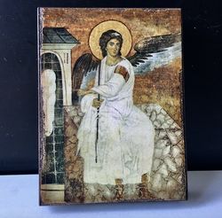 the white angel of the  holy tomb | quality icon print mounted on wooden plank | size: 5"x 3.5"