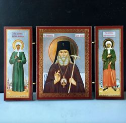 gold and silver foil wooden icon triptych saint st luka with st matrona and st xenia: size: 5 inch height