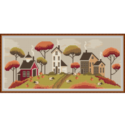 cross stitch pattern autumn village embroidery fall  sampler pumpkins sheep digital pdf file 185