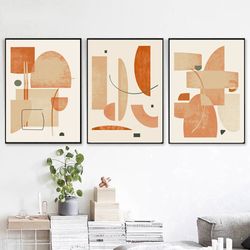 geometric poster orange wall art modern print instant download set of 3 prints large abstract triptych mid centure art