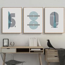 mid centure modern geometric poster blue gray wall art instant download set of 3 prints abstract triptych large prints