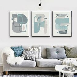 abstract pastel art blue gray wall art instant download set of 3 prints modern art shapes poster triptych large prints