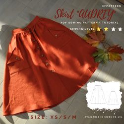 skirt audrey pdf sewing pattern, size xs, s, m, buttoned skirt digital pattern