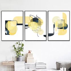 geometric poster yellow blue wall art instant download set of 3 prints abstract triptych large prints mid centure modern