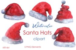 watercolor-holiday-christmas-clipart-santa-art-hat-png-hand drawn cute clipart christmas-themed-with-santa-hats