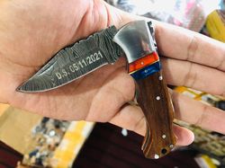 handmade pocket knife, handmade damascus pocket knife rose wood handle birthday gift folding knife groomsmen gift