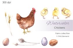 watercolor clipart. farm clipart. chickens clipart. hand drawn cute clipart farm-themed with hen, baby chickens, eggs