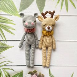 crochet patterns deer, hippo, amigurumi pattern, crochet animals, crochet pattern toys