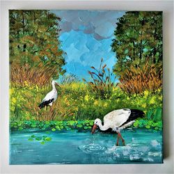 bird landscape painting, storks birds acrylic painting on canvas, landscape art painting impasto