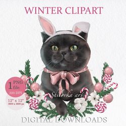 cat in a hare costume, digital illustration, christmas wreath. sublimation png. clipart png. digital download.