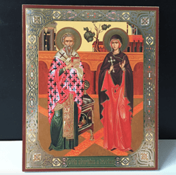 Hieromartyr Cyprian, Virgin Martyr Justina | undefined Silver Foiled Lithography Mounted On Wood | Size: 5 1/4" X 4 1/2"