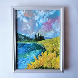 mountain landscape, mountain lake painting, texture mountain painting, acrylic painting on canvas