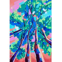 trees painting landscape original art abstract artwork colorful wall art oil canvas 16 by 24 inches artbyannast