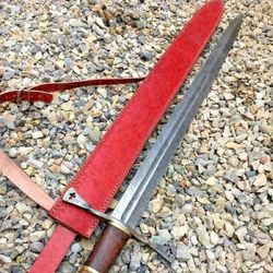 custom hand made cross sword hand forged damascus steel with sheath