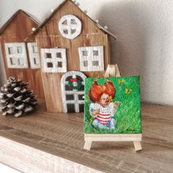 miniature oil painting.  funny clown on canvas.  "butterflies ". small painting.  handmade work.  focus on the good .