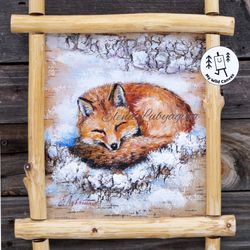 fox sleeping curled up in a ball, painting on birch bark, painting of a fox in winter