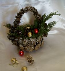 basket of pine cones, christmas basket, christmas basket