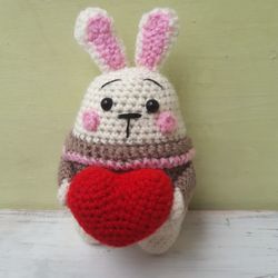 hand crochet softy bunny with heart stuffed toys animals gift for him gift for her