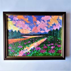 river sunset landscape, painted landscape, impasto art, sunset painting landscape, water lily flower painting acrylic