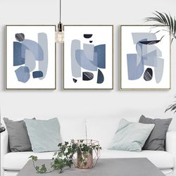 abstract art prints, posters set of 3 digital download navy blue wall art large painting, blue prints abstract geometric