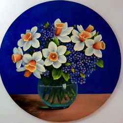 flowers painting spring bouquet with narcissus 12x12in original art canvas stretched on cardboard wall art oil  painting