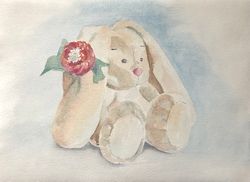 cute bunny toy painting children room wall art original watercolour hand painted modern painting