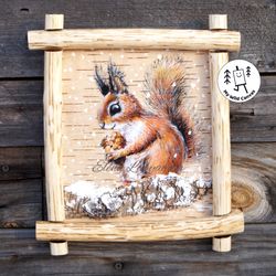 squirrel with a pine cone, painting on birch bark