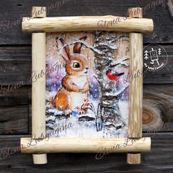 bunny and snowbird, sweet birch bark painting