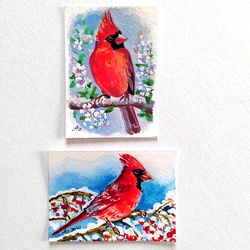 aceo cardinal painting bird original art set watercolor small art card animal by paintingsdollsbyzoe