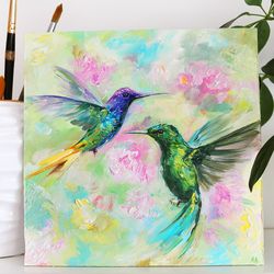 hummingbird painting birds oil artwork hummingbird and flowers original art.  made to order