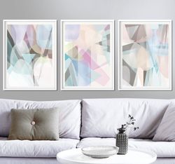 Abstrac Painting, Set of Three Prints, Pink Blue Wall Art, Abstrac Geometric, Pastel Poster, Digital Download, Home Art