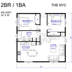 the nyc 2br/1ba 900sqft floor plan 30'x30'