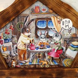 bunnies having a tea party, cozy rustic painting