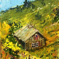 barn painting original art trees landscape artwork oil painting 7 by 5