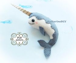 felt narwhal pattern, felt toy pattern, felt sea animals pattern, pdf felt pattern, felt fish pattern