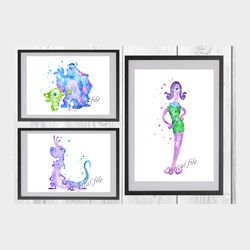 monsters, inc disney set art print digital files decor nursery room watercolor