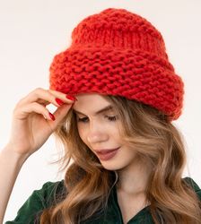 hand knit orange cashmere hat. handmade.