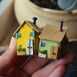 set of two tiny wooden houses, driftwood art, small house, eco gift, house miniature, yellow house, green wood hoose