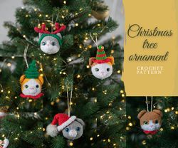 crochet christmas tree cat ornament, crochet pattern, christmas tree decorations,  amigurumi christmas balls pattern,