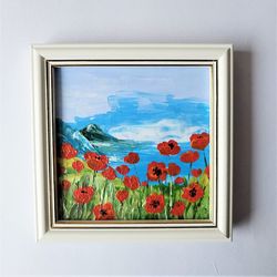 small landscape painting, poppy wall art, flower painting acrylic, textured acrylic painting, buy framed art