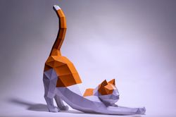 cat stretching paper craft, digital template, pdf download diy, low poly, trophy, sculpture, cat stretching model