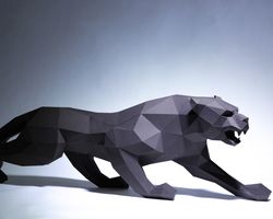 angry black panther paper craft, digital template, origami, pdf download diy, low poly, trophy, sculpture, model