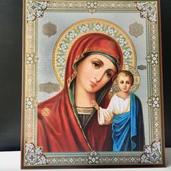 russian icon mother of god of kazan | large xlg silver gold foiled icon on wood | catholic icon | size: 15 7/8" x 13"